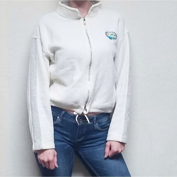 𝅺VINTAGE 1990s Exist White Gray Striped Full-zip Terry Cloth Cropped Sweater - Picture 1 of 11